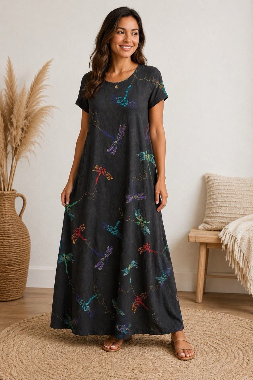 VTG 90s Copa Cabana Black Colorful Fish Print T shirt Maxi Dress M Dragonfly
